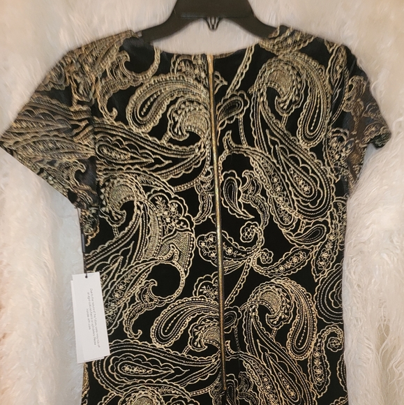 NWT Calvin Klein Short Sleeve Black/ Gold Velvet Embroidered Shift Dress Size 6 - Picture 4 of 5